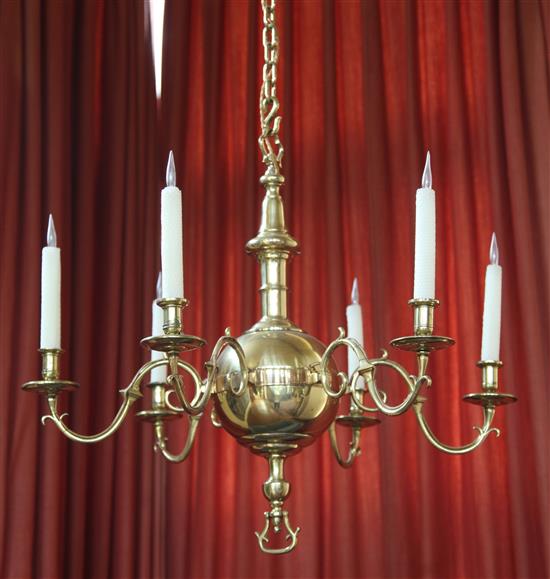 A pair of 17th century style Dutch design six branch ball and column ceiling chandeliers